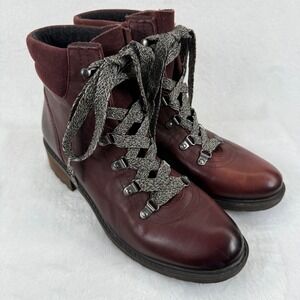 Burgundy‎ Leather Ankle Boots Women's Lace Up Heeled Booties Hiker Style Size 9